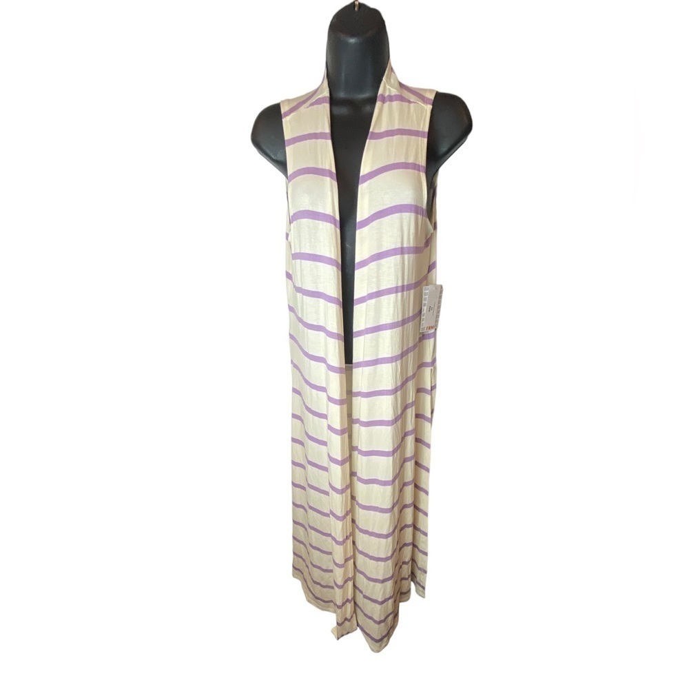 LuLaRoe Joy Vest Cream Purple Stripe Duster Women's Size XS - NWT
